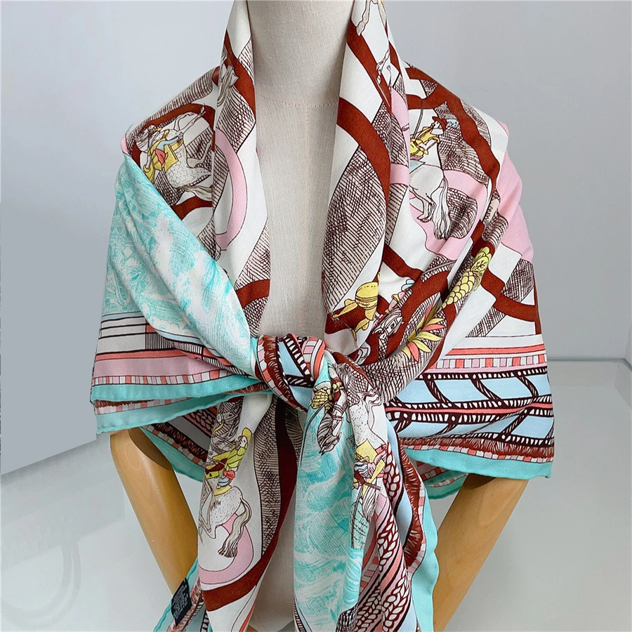 130CM Silk Cashmere Scarf Women Hand Rolled Horse Castle Print Square Scarves Wraps Bandana Big Hijabs Female Foulard BeachTowel