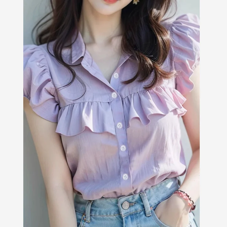 Korea Flower Embroidery Women\'s Button Turn-down Collar Ruffles Puff Short Sleeve Cardigan T-shirt Elegant Summer Clothing Sweet