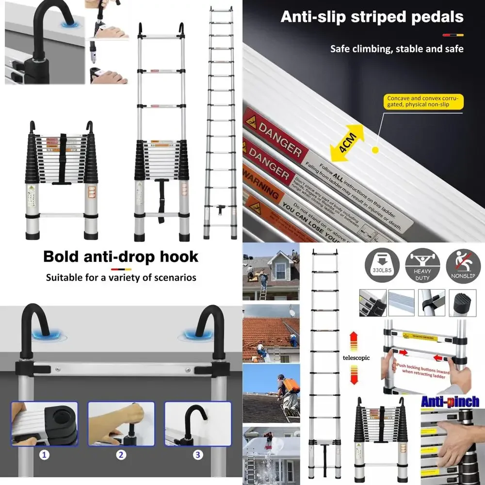 

Aluminum Telescoping Ladder - Lightweight, Portable Folding with Detachable Hooks, EN131 Certified, Non-Slip Surface for Safety