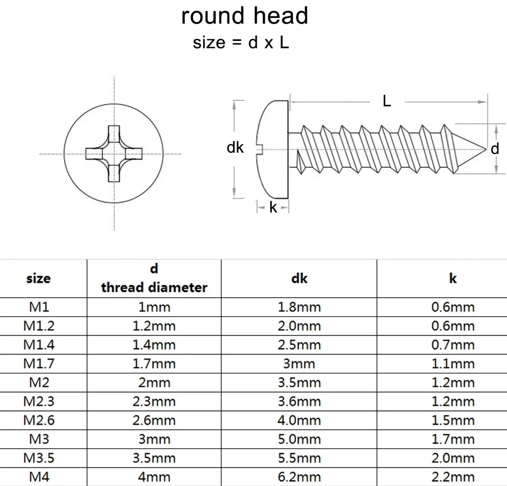 Nickel Plated Carbon Steel M1 M1.2 M1.4 M1.7 M2 M2.6 M2.8 M3 M3.5 M4 Cross Pan Head Cross Recess Screw Self Tapping Wood Screw
