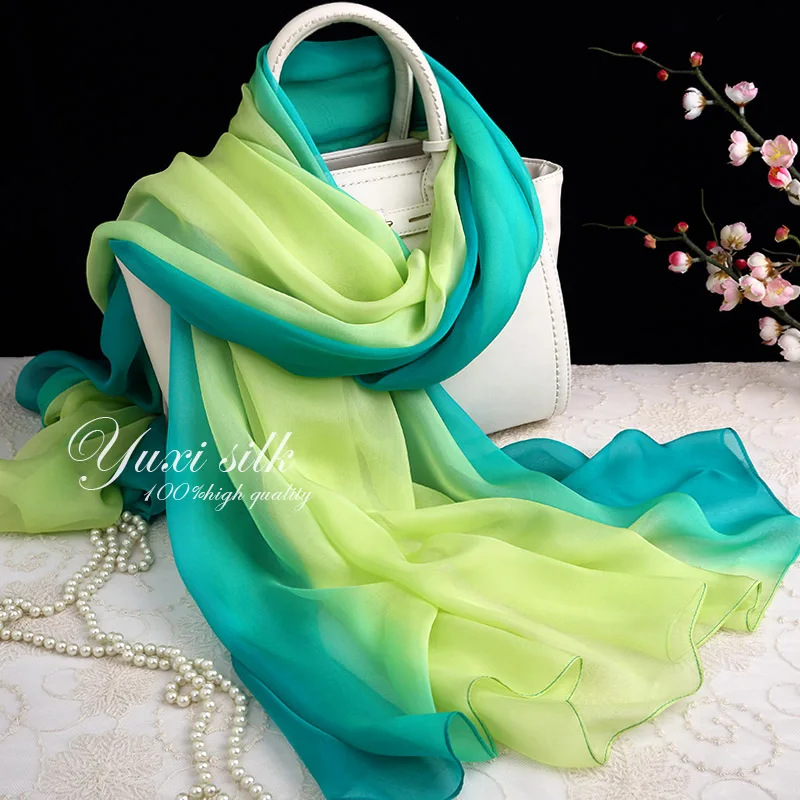

High Quality Fruit Green Gradient Color 100% Silk Long Scarf Women's Shawl Spring, Autumn, Winter and Summer All-Matching