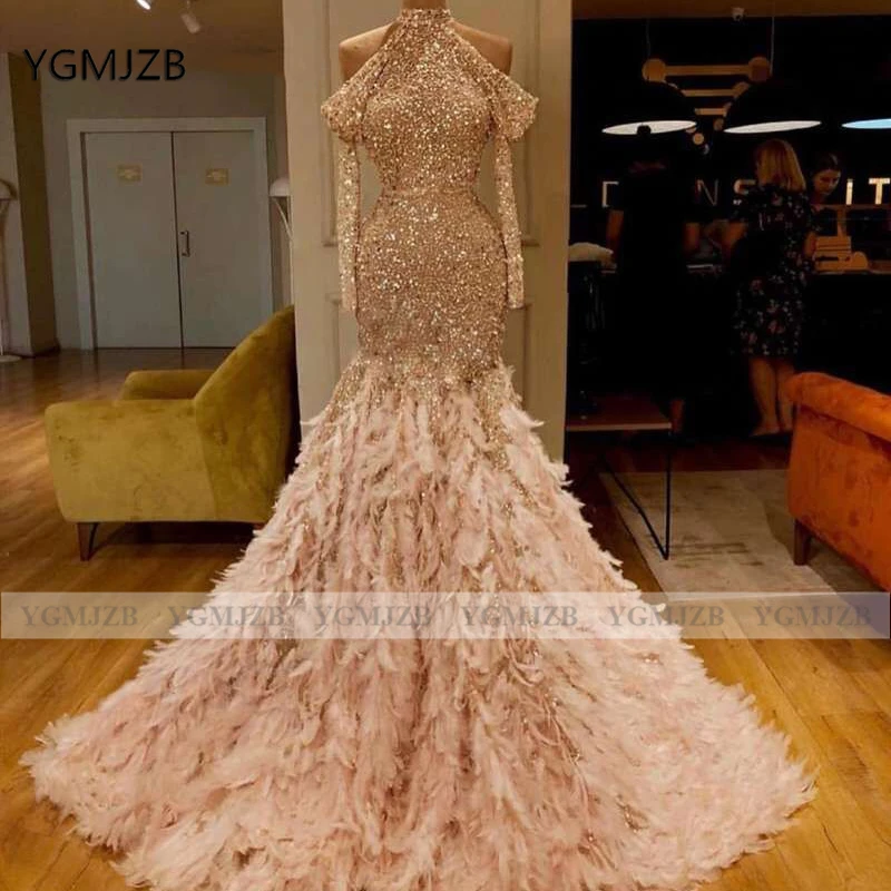 Off Shoulder Arabic Prom Dresses Luxury Mermaid Sequined with Feather Long Sleeves Dubai  Women Formal Evening Gowns