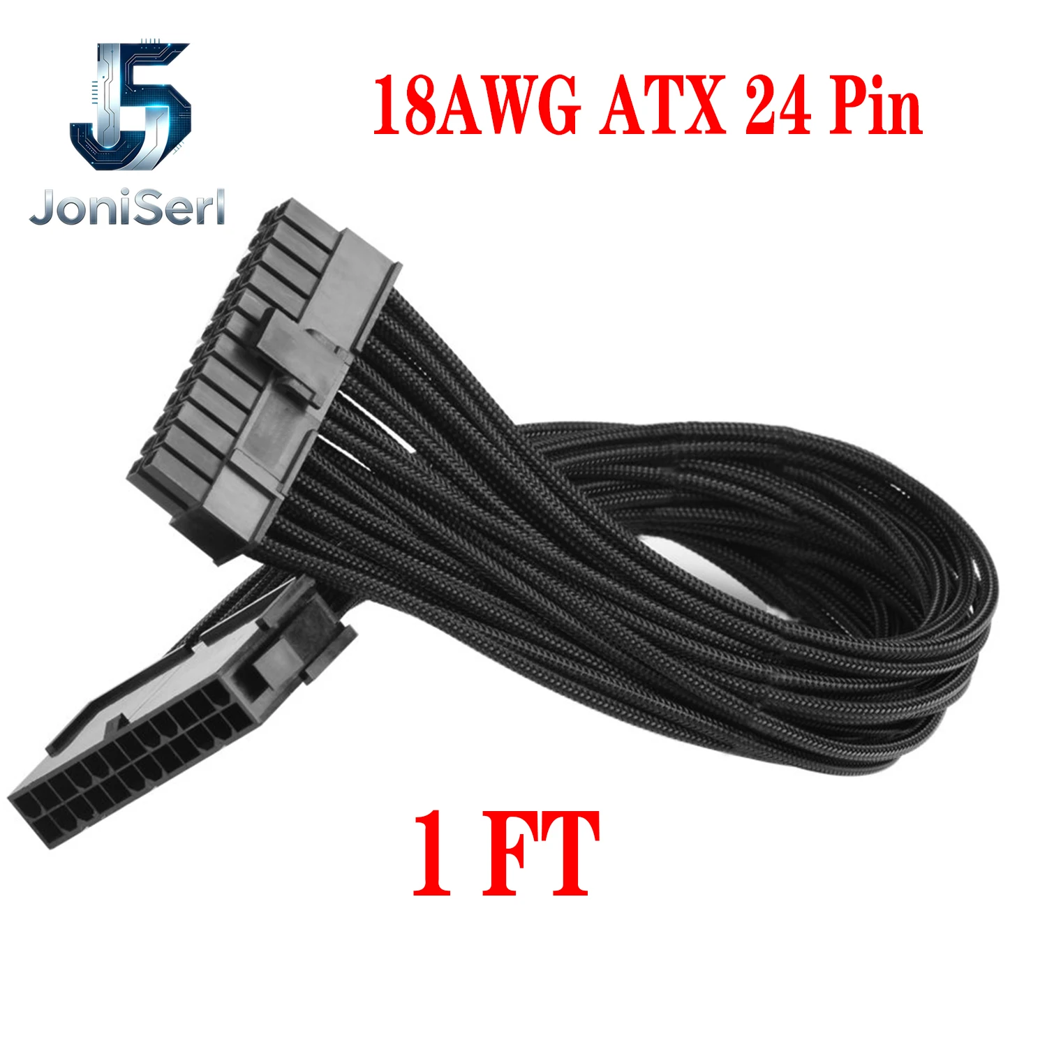 1FT ATX 24 Pin Power Supply Sleeved Cable, 24 Pin Male to Female Braided Extension Cord with 3 Cable Combs for ATX Motherboard