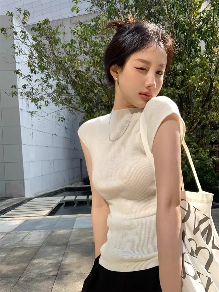 Women Summer Pure Silk T-shirt Sweater Half-high Collar Sleeveless Knit Pullover Spicy Girl Outfit Tees Slim Bottoming Wear Tops