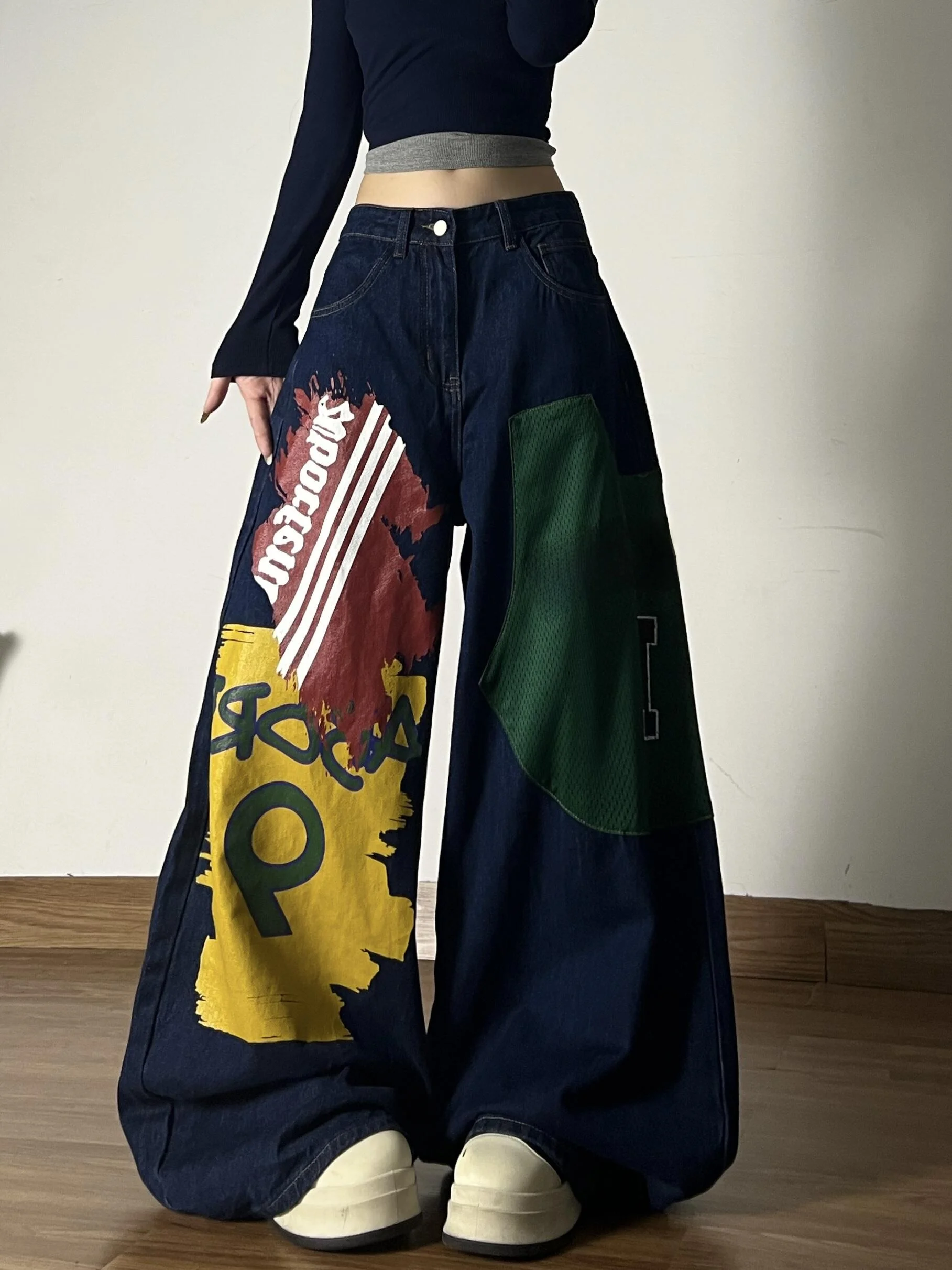 Retro American Street Graffiti Print Patchwork Wide Leg Jeans Men Women Trendy Brand Design Sense Knife  Denim Jeans