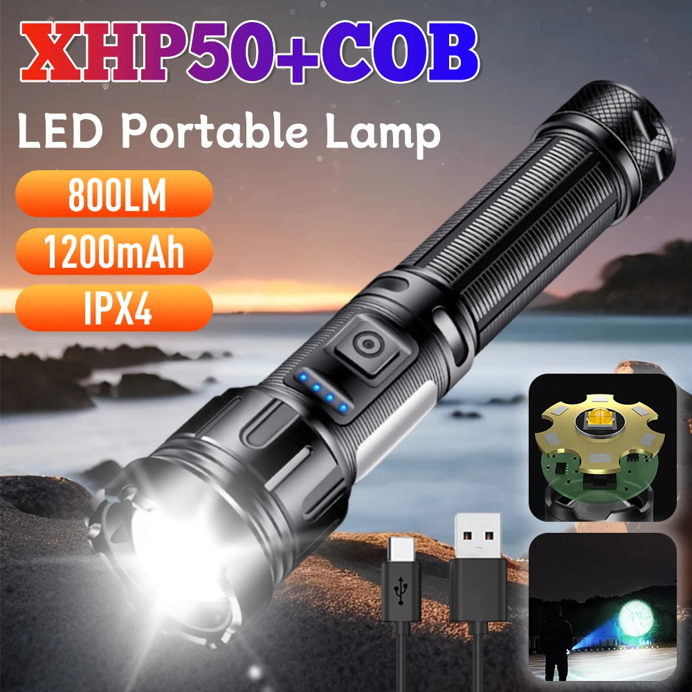 

800LM XHP50 светодиодный фонарик 1200 мАч Type-C перезаряжаемый IPX4 водонепроницаемое аварийное зарядное устройство для телефона фонарь для кемпинга и рыбалки