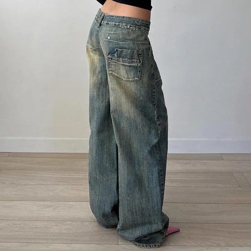 Grunge 2000s Low Rise Loose Denim Pants Vintage Street Style Oversized Jeans y2k Aesthetic Korean Fashion Mom Jeans Lady