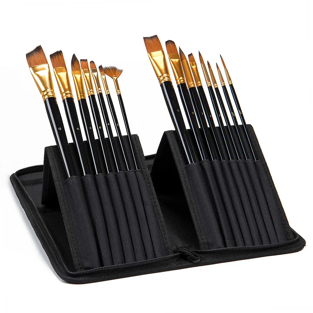 15Pcs Different Shapes Sizes Paint Wood Handle Artist Paint Brush Set for Body Paint Oil Acrylic Watercolor