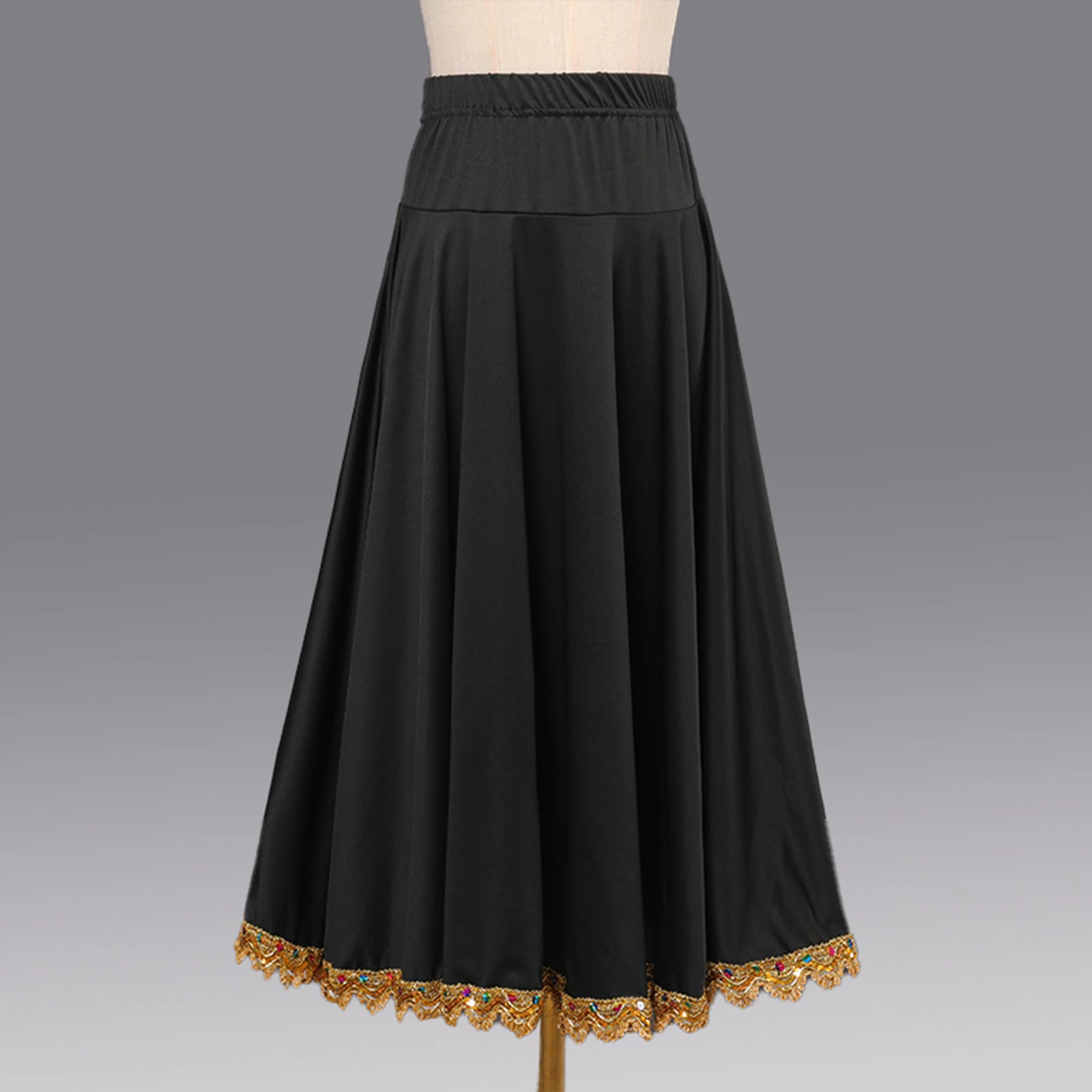 Ballroom Flamenco Dancing Skirts Stage Performance Costumes Elastic Waistband Gold Trim Big Swing Dance Long Skirt for Womens