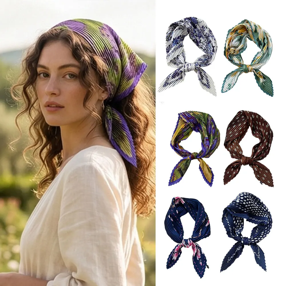 

Pleated Silk Scarf Women Multi-functional Headscarf Neckerchief Floral Print Bandana Neck Scarves 70cm Fold Crinkle Square Scarf