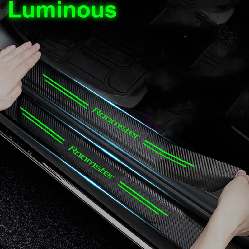 Luminous Car Door Threshold Plate Guards Stickers for Skoda Roomster Logo Sill Pedal Carbon Fiber Anti-Scratch Accessories