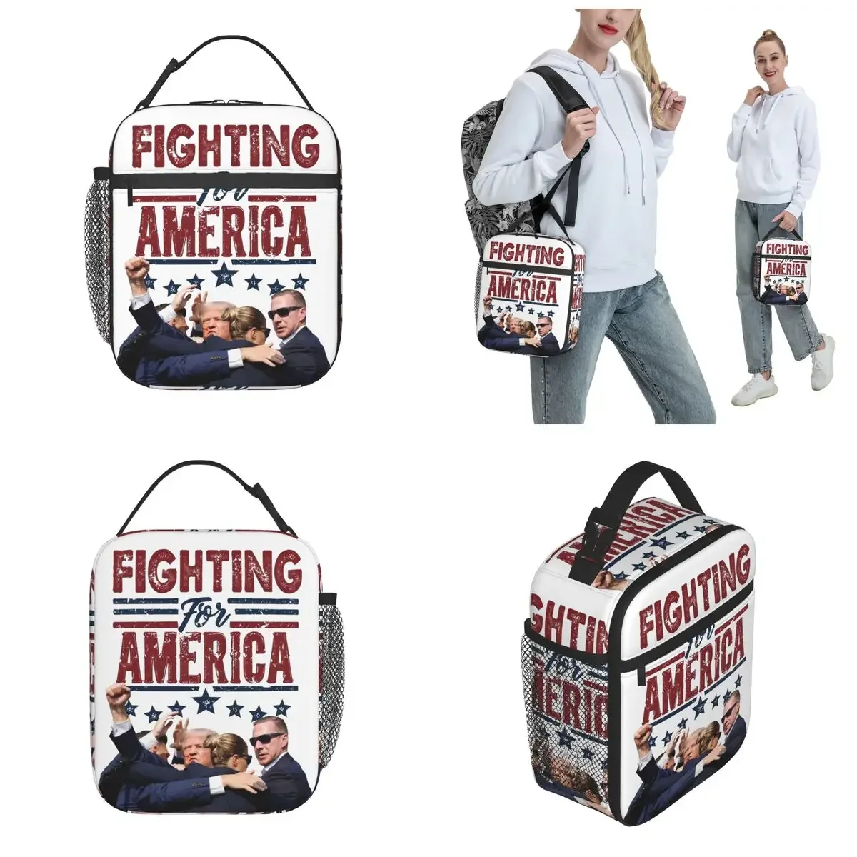 Trump Fight For America Thermal Insulated Lunch Bag for Picnic Donald Trump 2024 Portable Food Bag Cooler Thermal Lunch Boxes