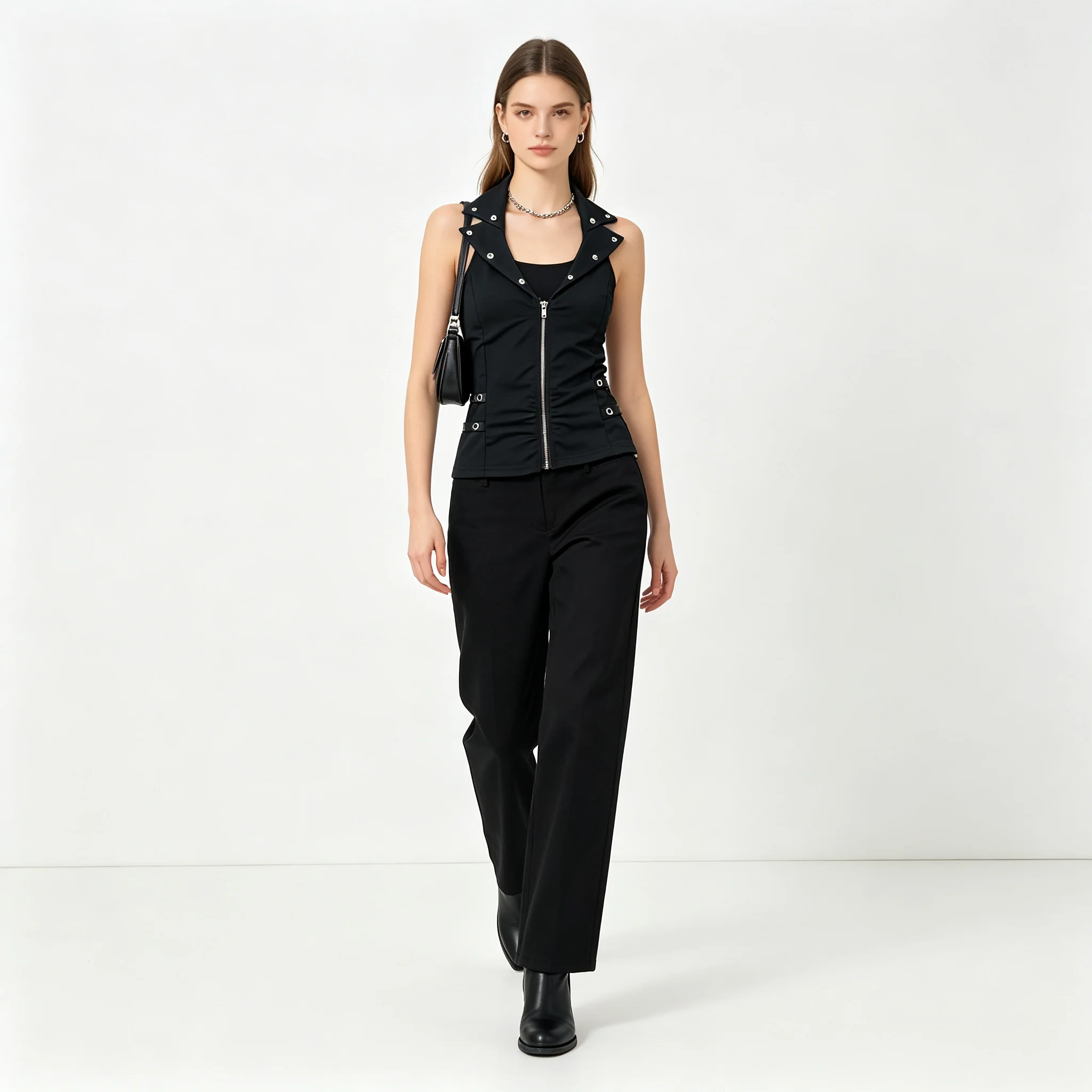 Gothic Rivet Detail Cropped Vest Ladies Deep V Lapel Front Zipper Slim Sleeveless Top Dark Alt Party Street Casual Wear