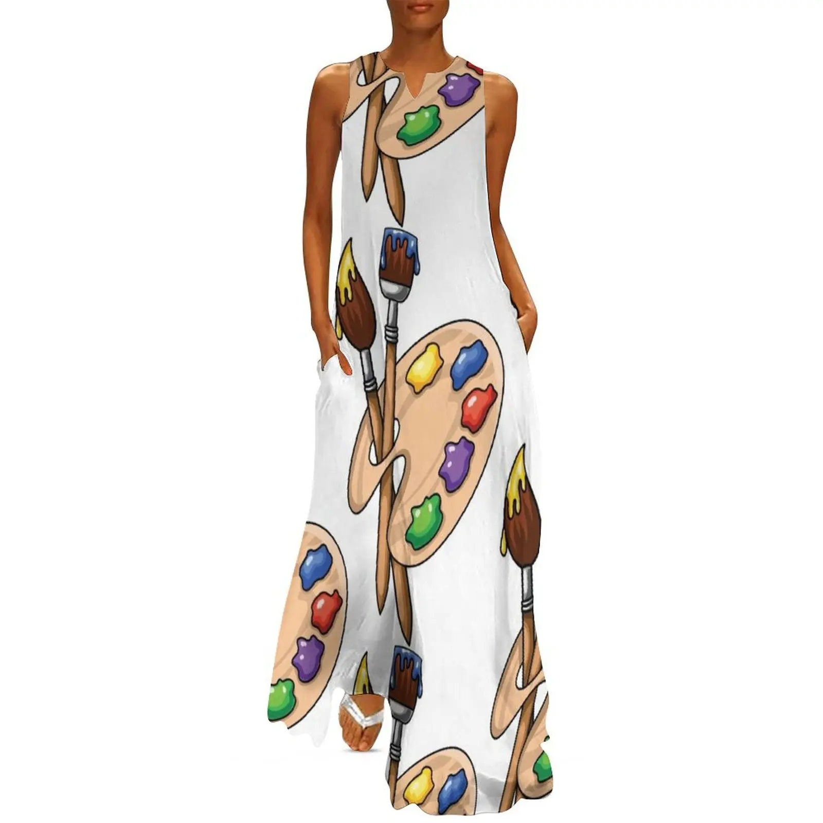 

Cartoon wooden art Palette with paints and two brushes Long Dress elegant women's sets dresses korean style Dress