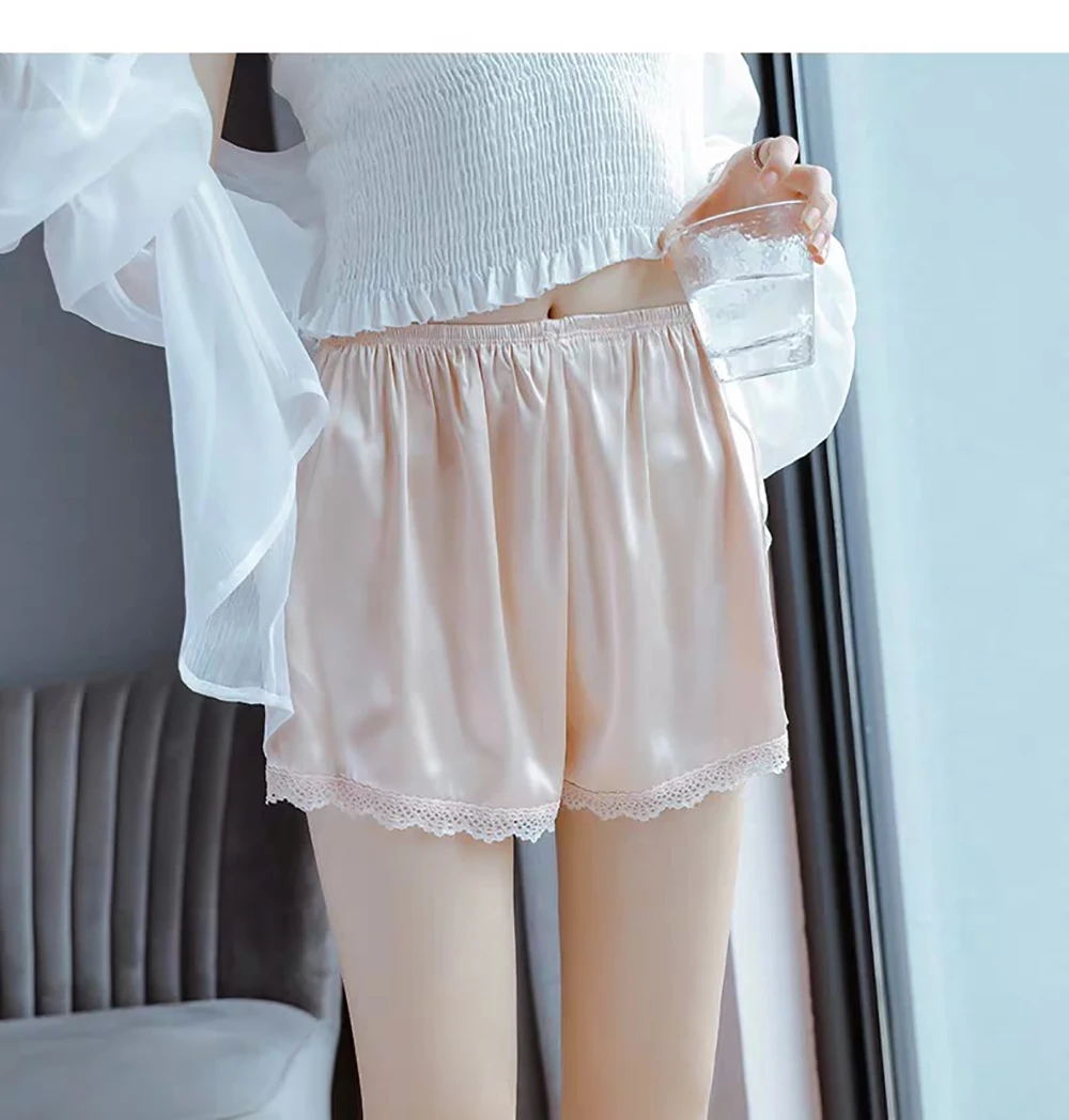 Women Spring Summer Satin Silk Lace Safety Shorts Pants Loose Elastic Waist Home Sleep Shorts Nightwear Bottom Thin Pajamas