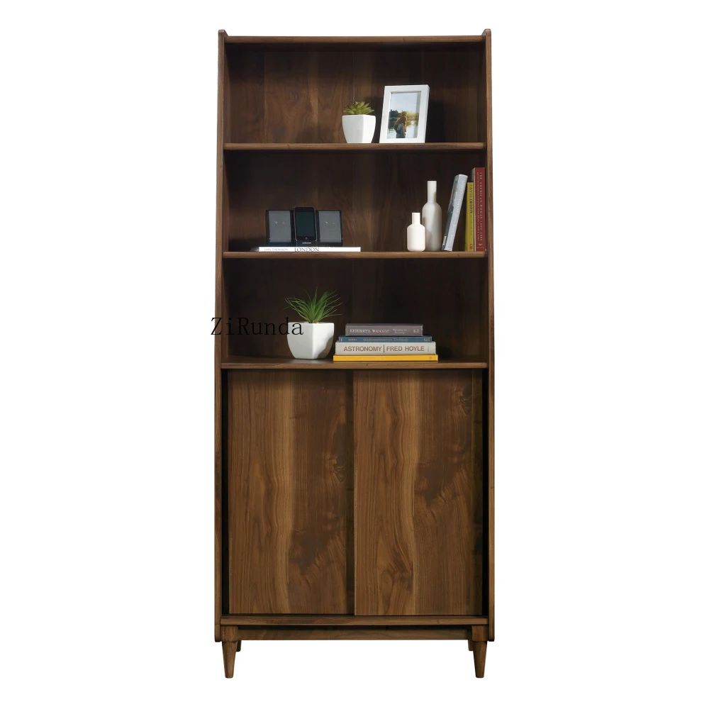 Mid-Century Modern Wide Bookcase with Storage, Brown finish Engineered Wood Mid-Century Modern