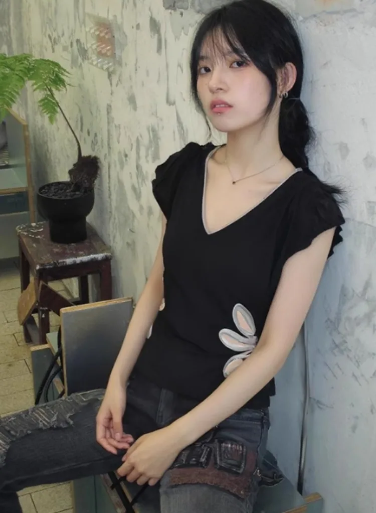 Canotta sexy con scollo a V scava fuori T-shirt da donna Y2k Vintage Summer Casual Canotte femminili Patchwork Contrasto Grunge Estetico Crop Top