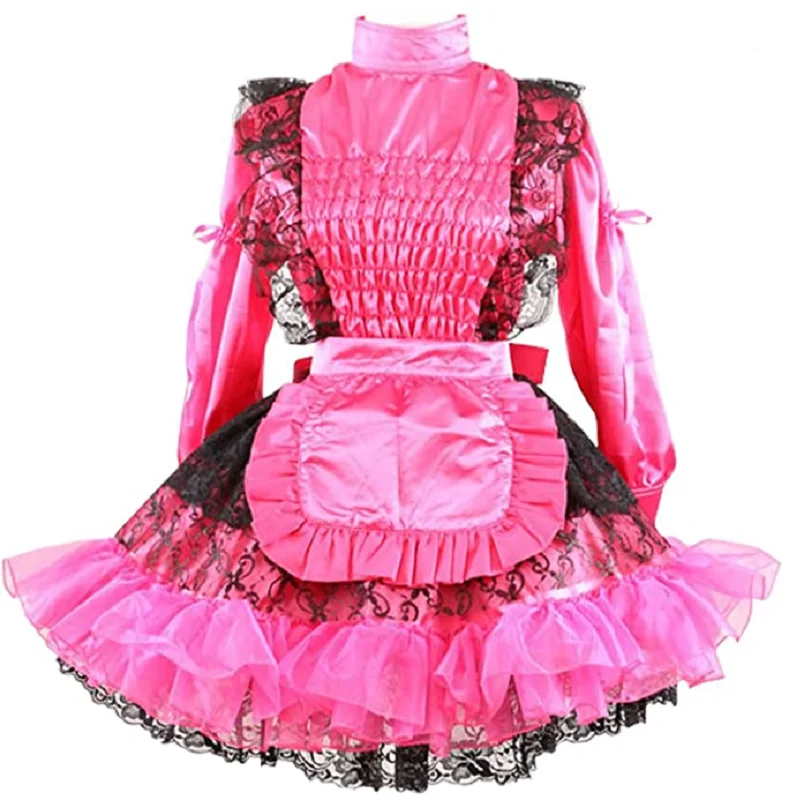 New Lockable Maid Maid Adult Sissy Pink Satin Long Sleeve Dress Waist Pleated Lace Cosplay Costume Custom