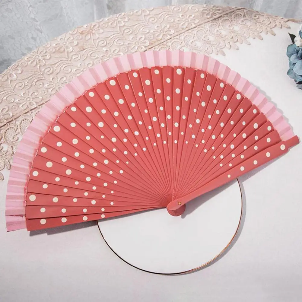 Dupla face Dot Print Folding Fan, Esponja Multicolor, Bonito, Dança, Escritório, Casa, Mesa, Decorativo