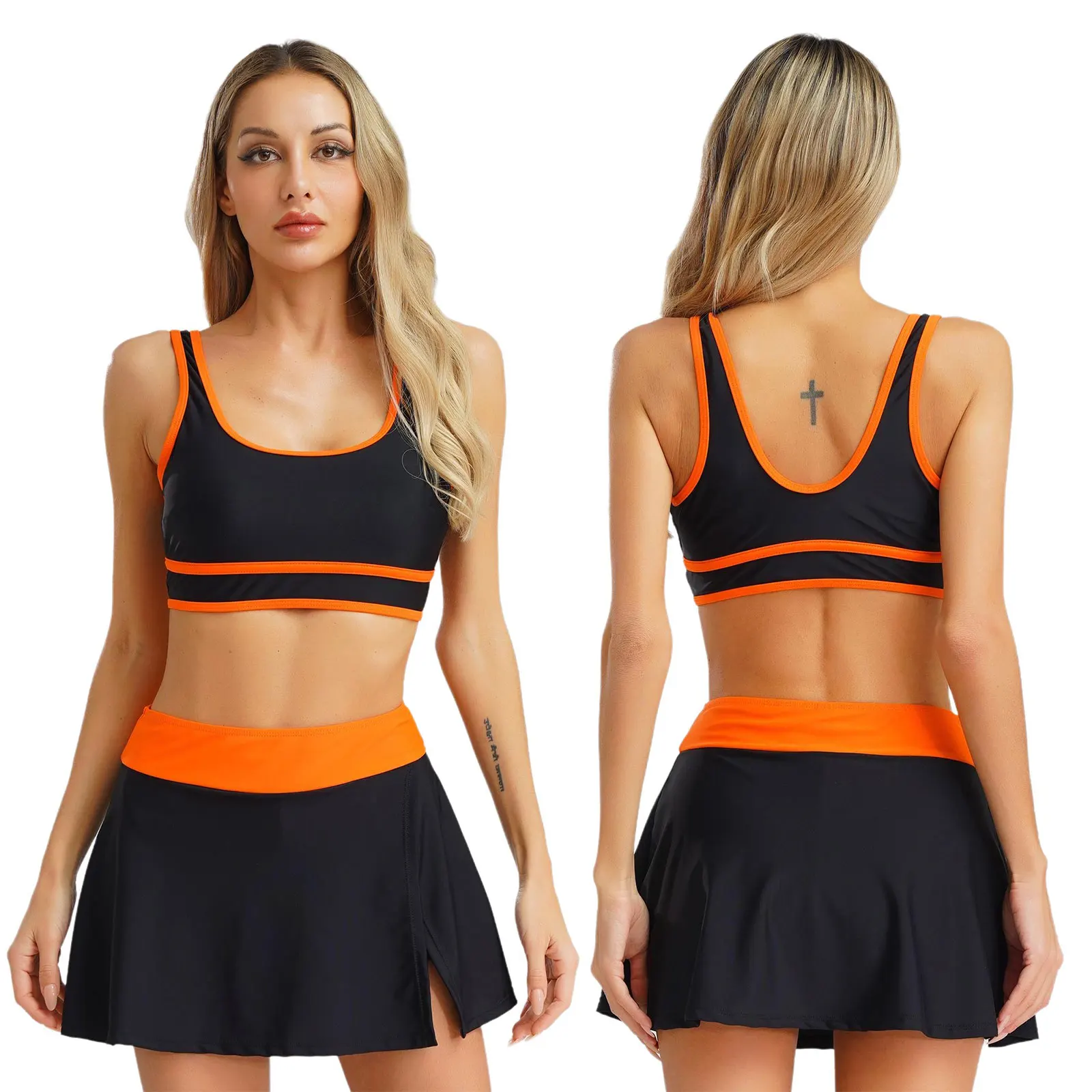 

Womens Two Pieces Swimsuit Chest Pads Tankini Vest Swim Top with High Waisted Tummy Control Skirt Beachwear Swim Bathing Suit