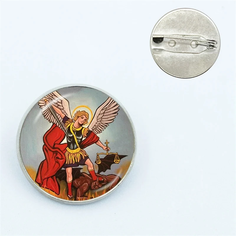 Christian Holy Glass Brooch Archangel St.Michael Protect Me Saint Shield Protection Metal Pins Badge Backpack Clothes Jewelry