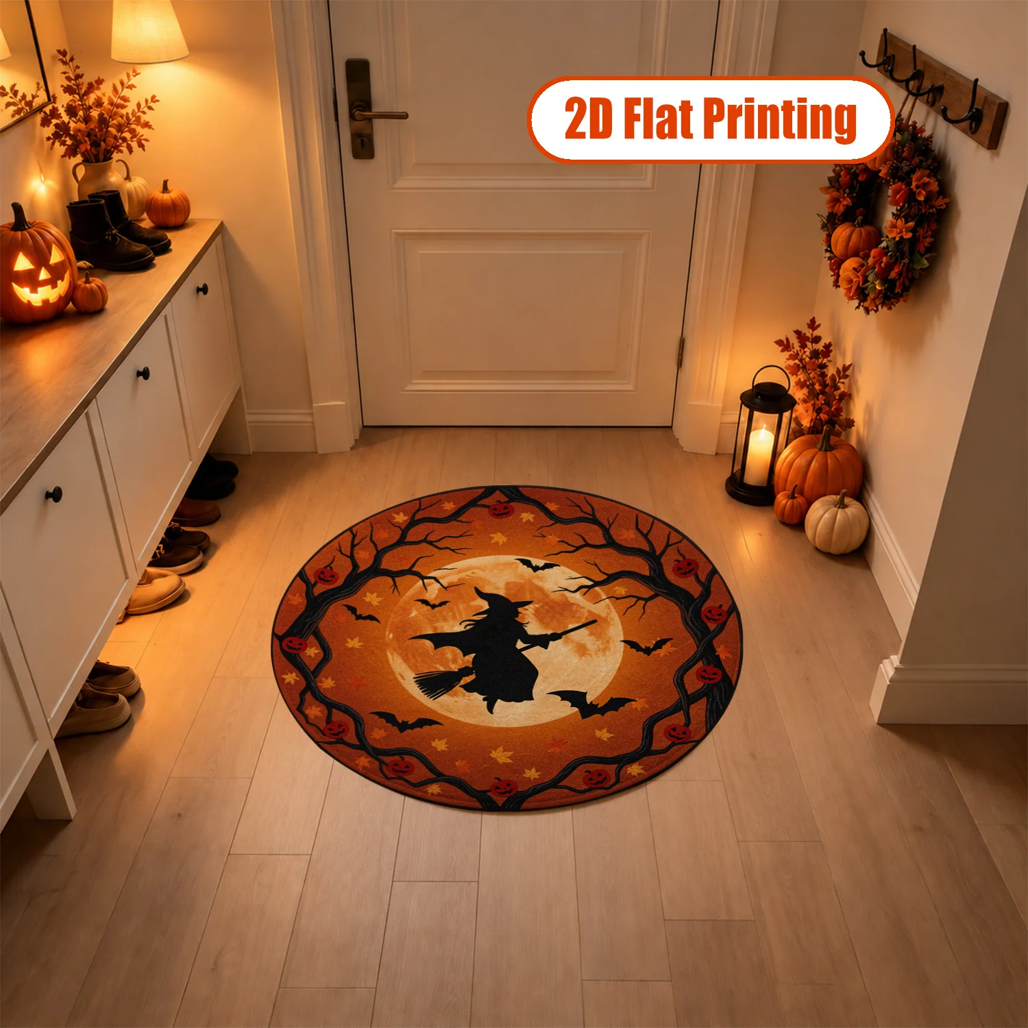 Halloween Witch Moon Bat Pumpkin Pattern Round Velvet Area Rug, Machine Washable Soft Floor Mat, Stable Placement for Living Room, Bedroom, Entryway, Dining Room, Perfect for Halloween, Thanksgiving, Christmas, New Year, Black Friday Home Decor