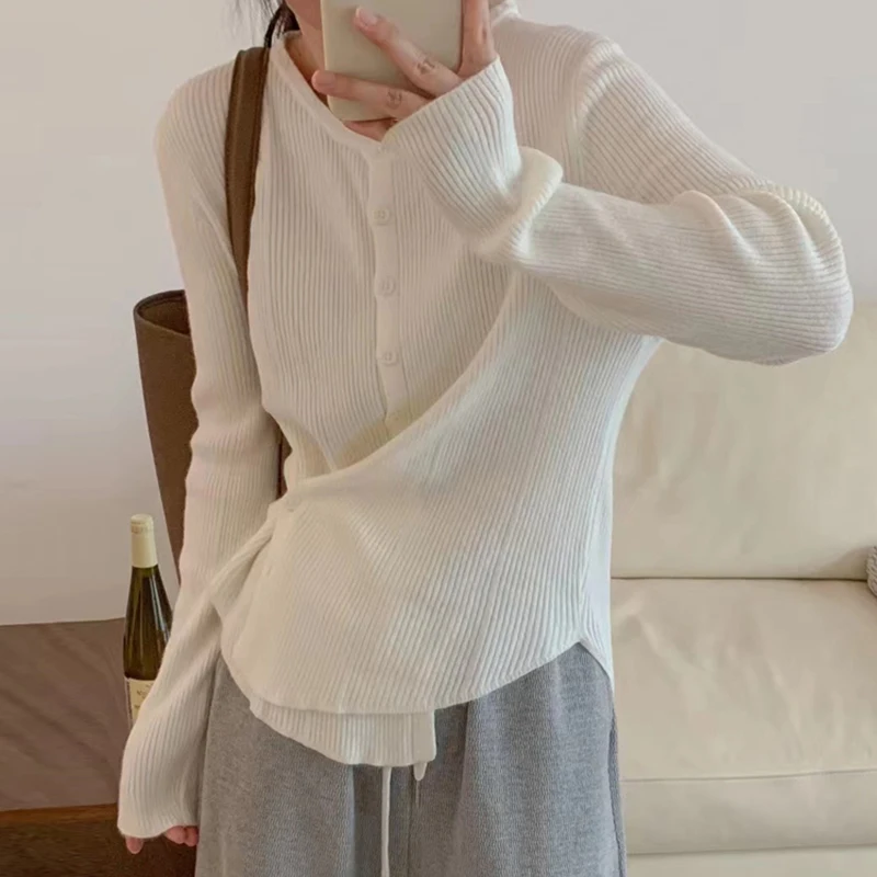 

Chic Cry Yellow round Ne Long Sve Knitted Sweater Women's Single Button Two-Way Wear Loose Versatile Knitwear