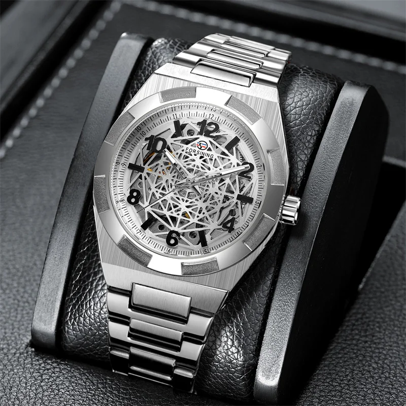 Fashion Forsining Top Brand Mechanical Full Stainless Steel Watch Skeleton Design Automatic Man Hand Waterproof Reloj De Hombre