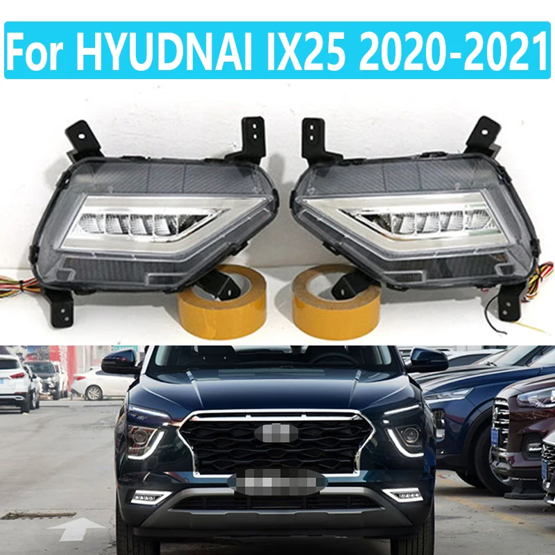 For HYUDNAI IX25 2020-2021 LED Streamer two-color Front Fog Light Daytime Running Light Car Modification Streamer Fog Lights