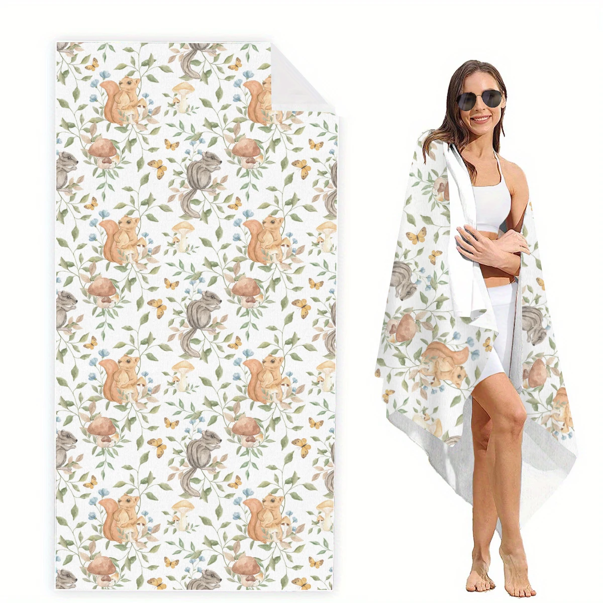 Large Quick-Dry Beach Towel Cartoon Flora and Fauna Pattern Beach Blanket Suitable for Travel Swimming Polyester Rectangular