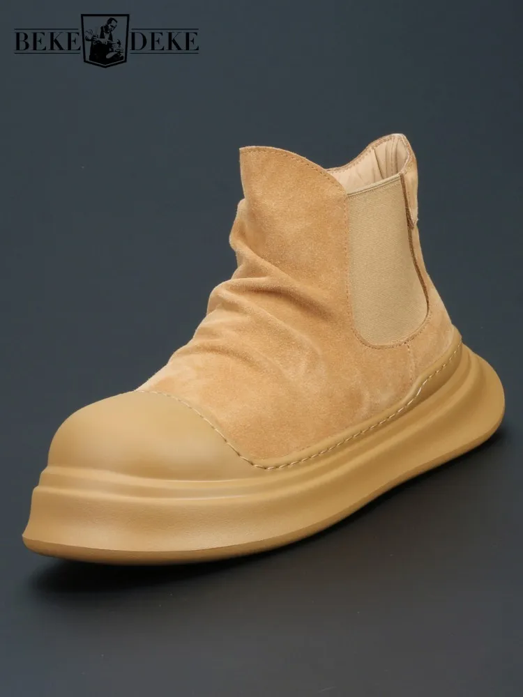 High Quality Cowskin Genuine Leather Boots Slip On Casual Mens High Top Sneakers High Street Spring Vintage Platform Short Boots