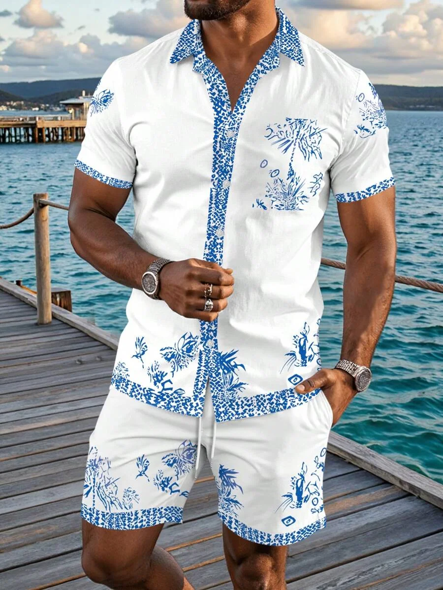 Hawaii Beach Set Men's Clothing Summer Vacation Palm Tree Digital Print Shirt And Shorts Casual 2-piece Suit
