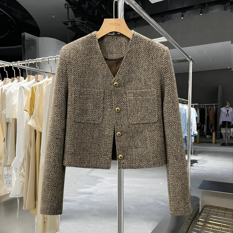 

Khaki Blazer Women's 2023 Fall and Winter New V-neck Long-sleeved British Simple Tweed Jacket Elegant Korean Chic Cropped Tops