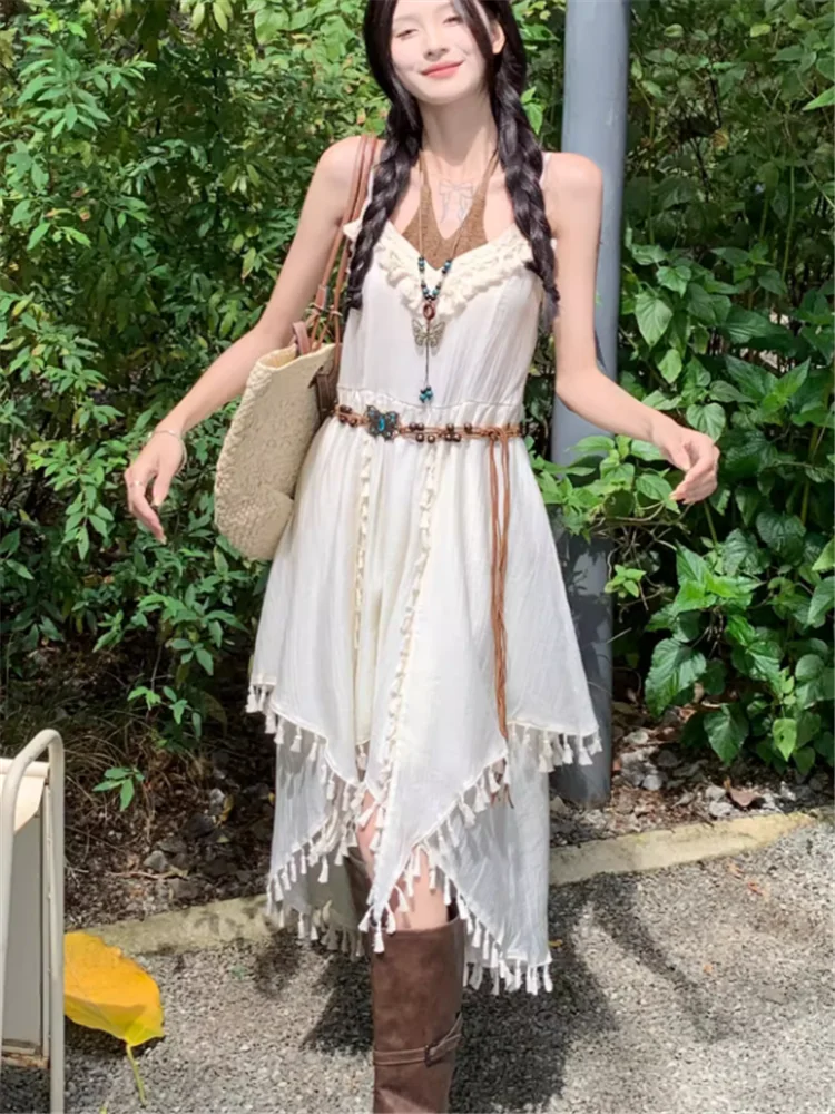 الغجر موضة البوهيمي شرابة غير النظامية عطلة زلة فستان الصيف عطلة الرسن الخامس الرقبة بلا أكمام الحمالات حزام ألف خط فستان