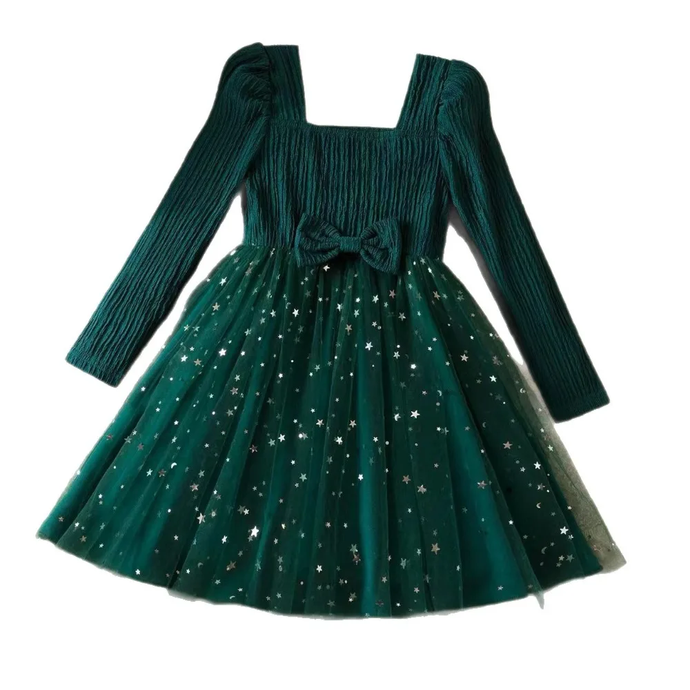 Bear Leader 3-7 سنة الخريف طويلة الأكمام ساحة الرقبة الفتيات فساتين القوس الديكور شبكة الترتر الربط ألف خط فستان الأميرة #5