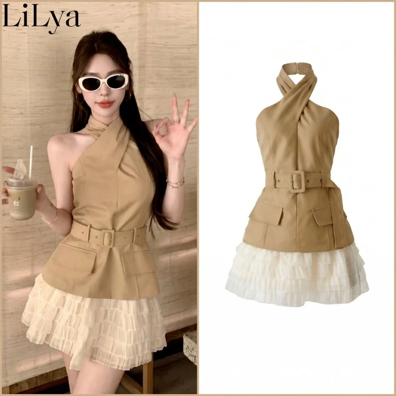 

2026 Summer New Cross Halter Camisole Cake Skirt 2 Piece Set Women Clothing Set Cross Halter Top Elastic Waist Midi Skirt Set