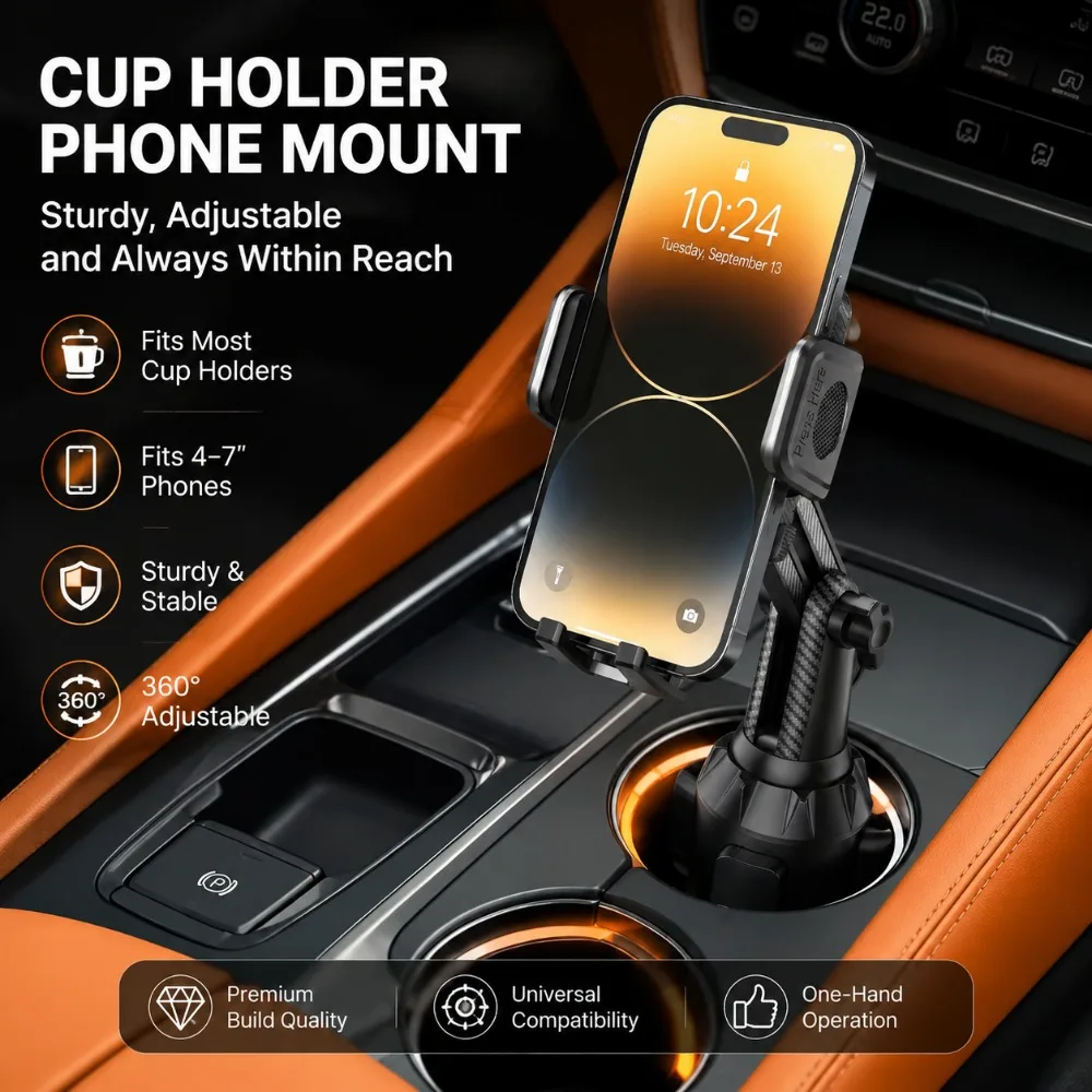Car Cup Holder Phone Mount Universal for Car, Adjustable Stable Cell Phone Holder 360° Rotation Stand Fits 4-7 Inch Smartphones