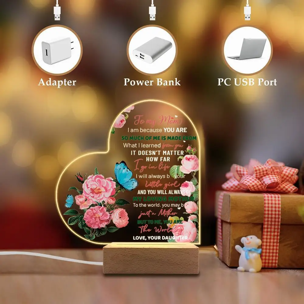 1 قطعة ملحقات التصوير الفوتوغرافي للديكور المتوهج من الأكريليك ، قاعدة خشبية USB ، هدية ابنة أمي ، ديكور زهور الفراشة ، دمى قابلة للجمع