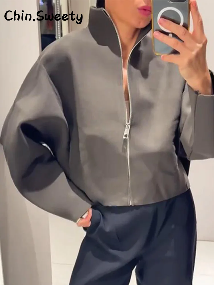 Ležérní dámské pletené zkrácené bundy se stojáčkem, volné kabáty s dlouhým rukávem a zipem, podzim/zima 2025, elegantní dámské outfity na dojíždění - náhled 2