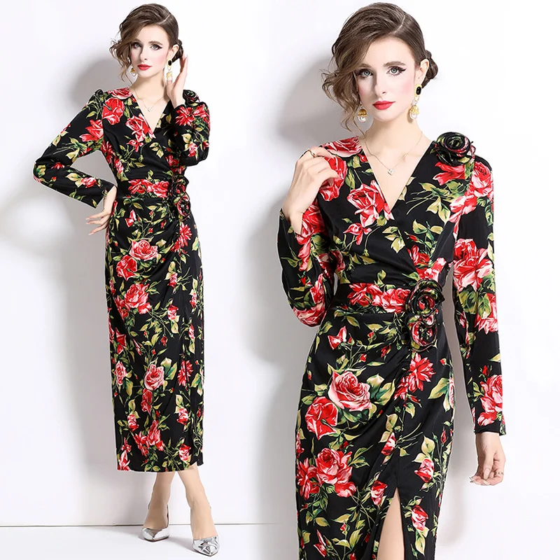 2024 French Three-dimensional Flower Dress Women's Autumn Long Slit Slim Retro Print Skirt