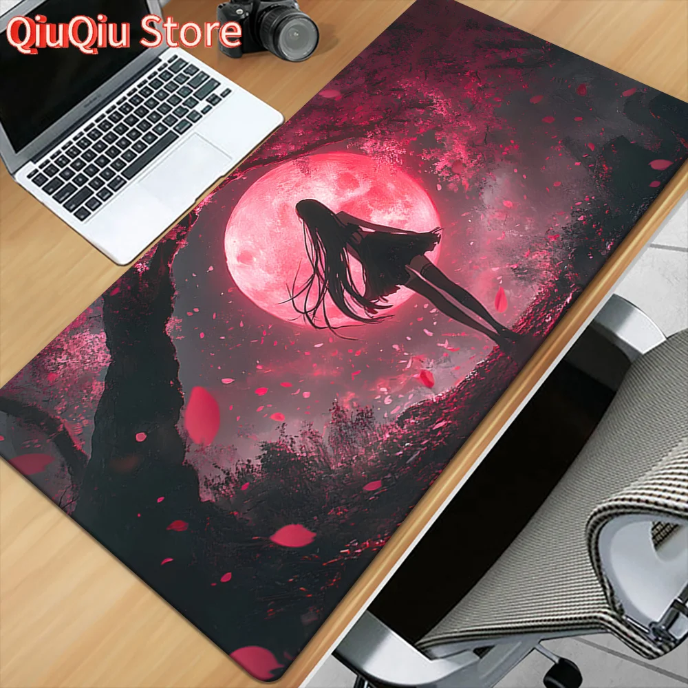 

1pc anime themed HD printed desk mat with red moon and silhouette pattern Mouse pad, keyboard game pad or desk pad and other mul