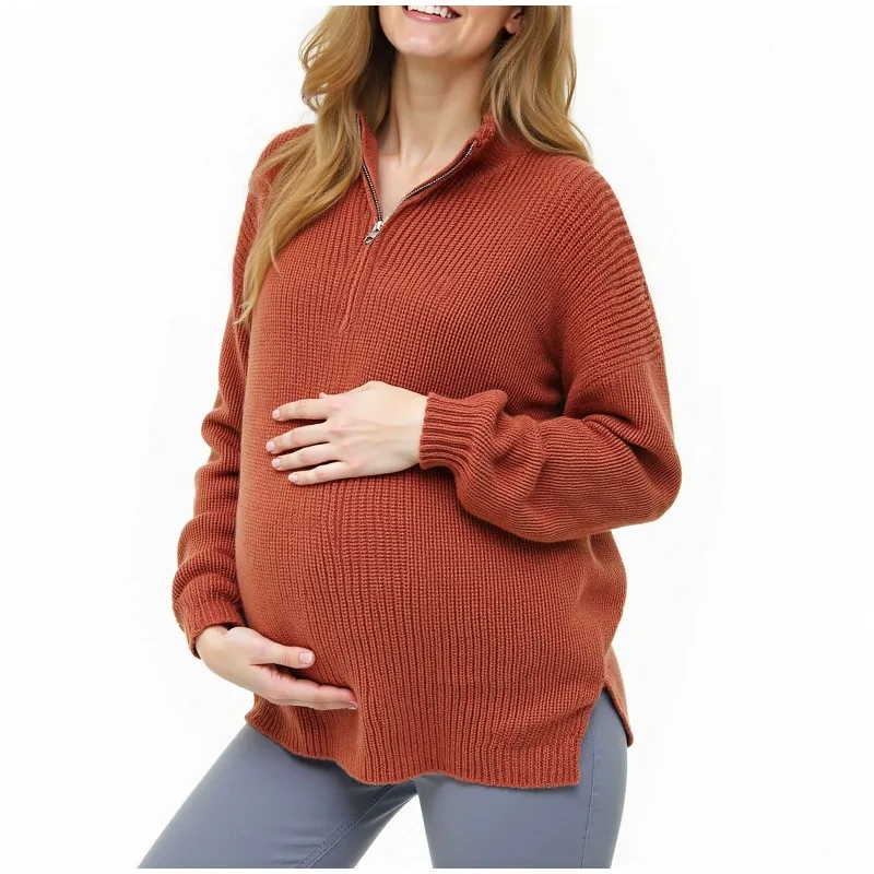Maternity Sweater for Women Brick Red Knitted Nursing Cardigan Soft Loose Fit Pregnancy Top Half Zip Stand Collar Clothes