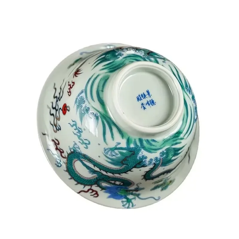 Jingdezhen Imitation Ancient Ceramic Blue and White Double Dragon Three-Talent Covered Bowl Tea Cup, Single Tea Infuser Cup, Dou