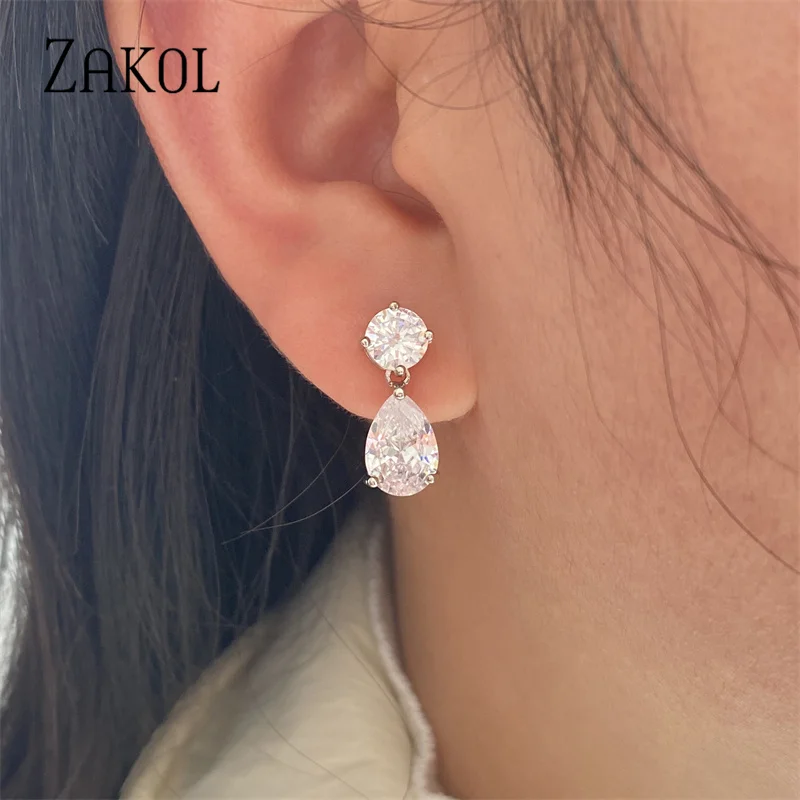 ZAKOL Delicate Water Drop Crystal Jewelry Set Fashion White Color for Women Anniversary SP272