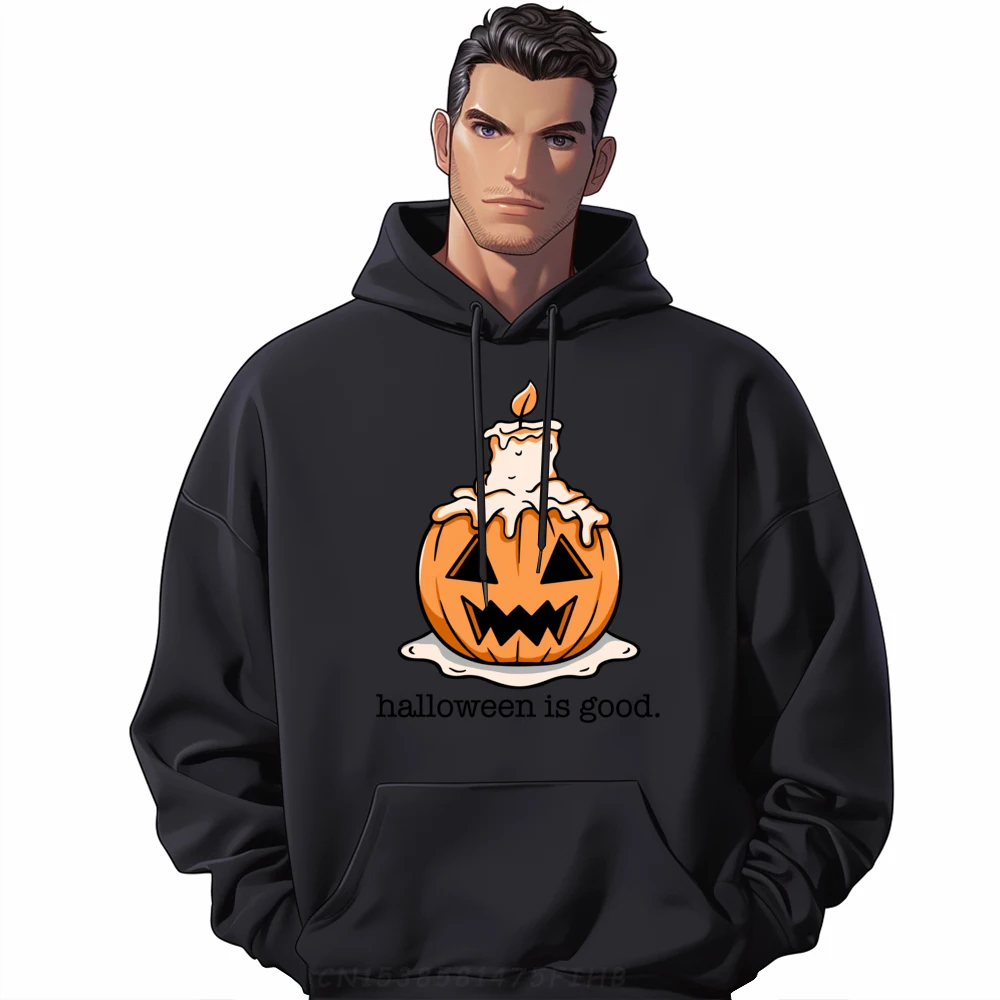 Halloween is Good and Life Spooky Pumpkin Candle Halloween Graphic Tee Polyester Pullover Men Oversize Long Sleeve