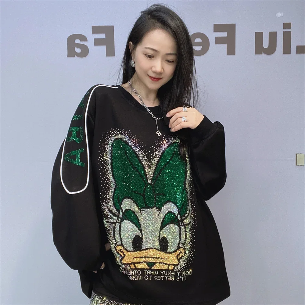 Fashion Autumn and Winter Round Neck Loose Cartoon Hoodies Women 2024 New Space Cotton Hot Diamond Oversize Sweatshirt Top