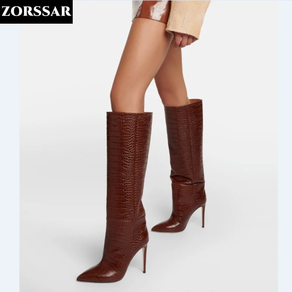 Sexy Women Boots Genuine Leather Pointy Toe Thin Heels Over The Knee Long Boots Big Size 46 Autumn Winter Zip Brown Party Shoes