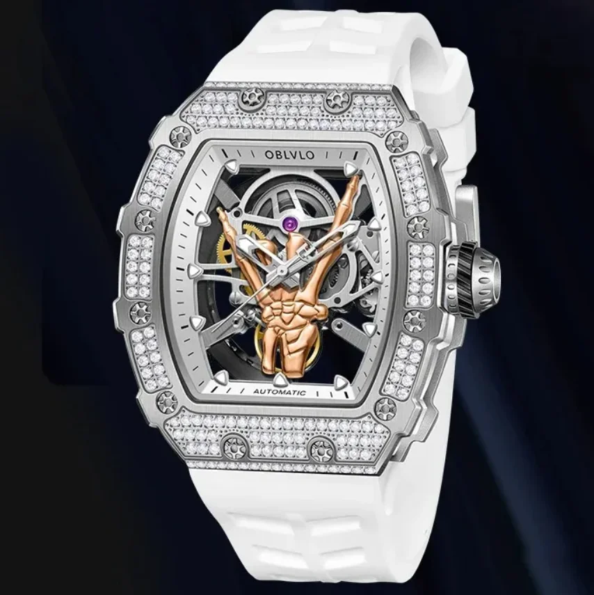 

OBLVLO мужские автоматические часы 50 мм корпус Tonneau механические наручные часы светящийся скелетон палец циферблат сапфир 50 м водонепроницаемые