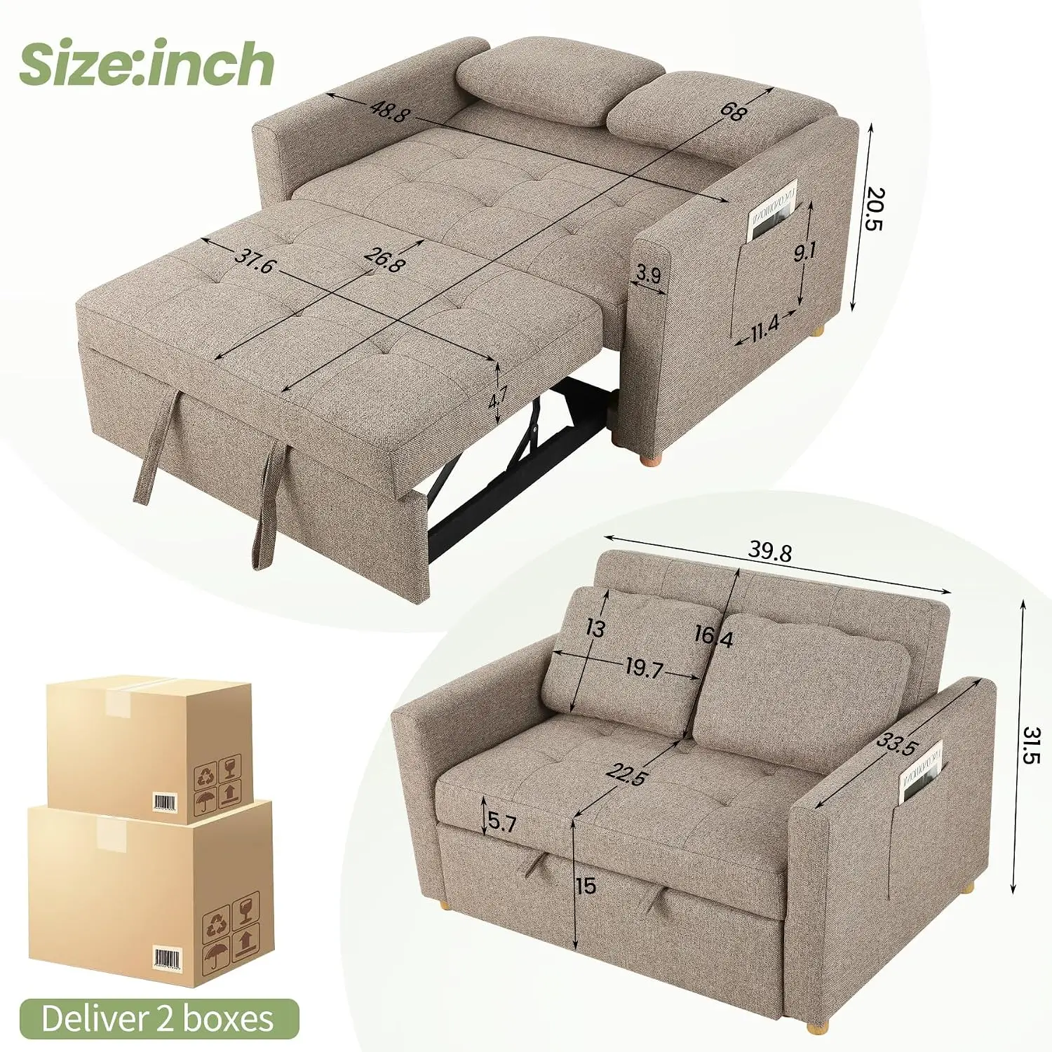 Loveseat Sleeper, 3-in-1 Convertible Sofa Bed Pull Out, Brown Gray, Customized