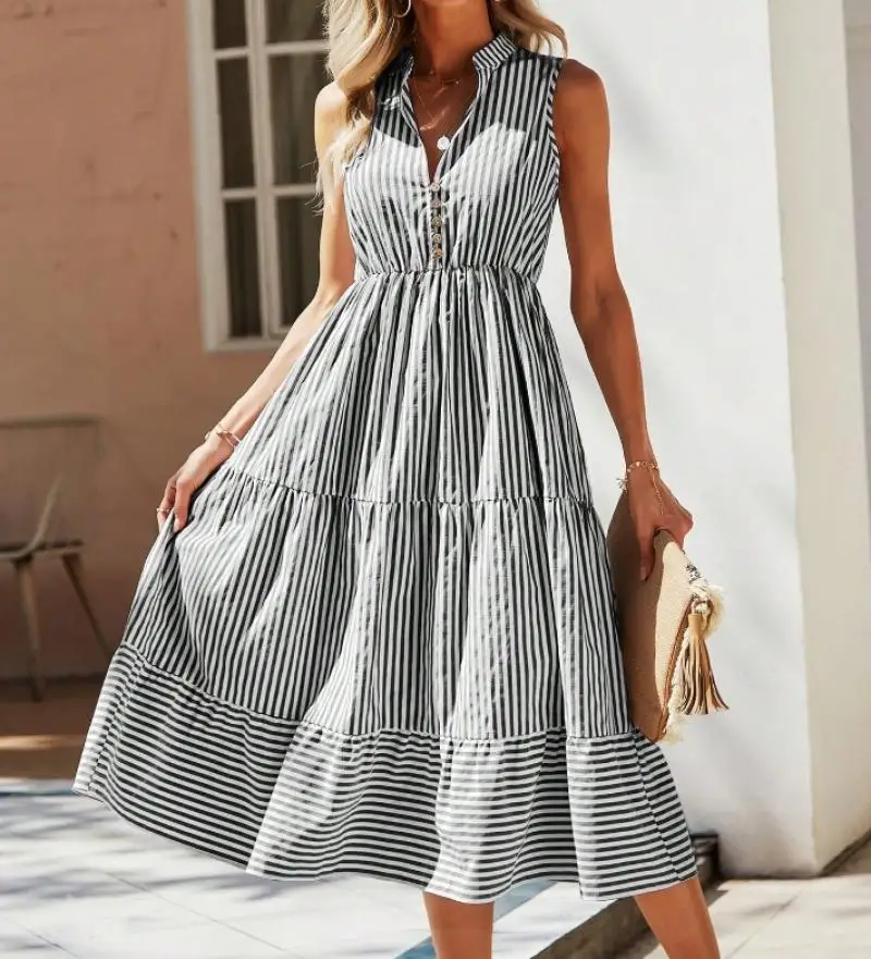 Elegant Women's Dresses Summer Casual Striped Sleeveless Elegant High Waisted Shirt A-Line Dresses Casual Women's Long Dresses